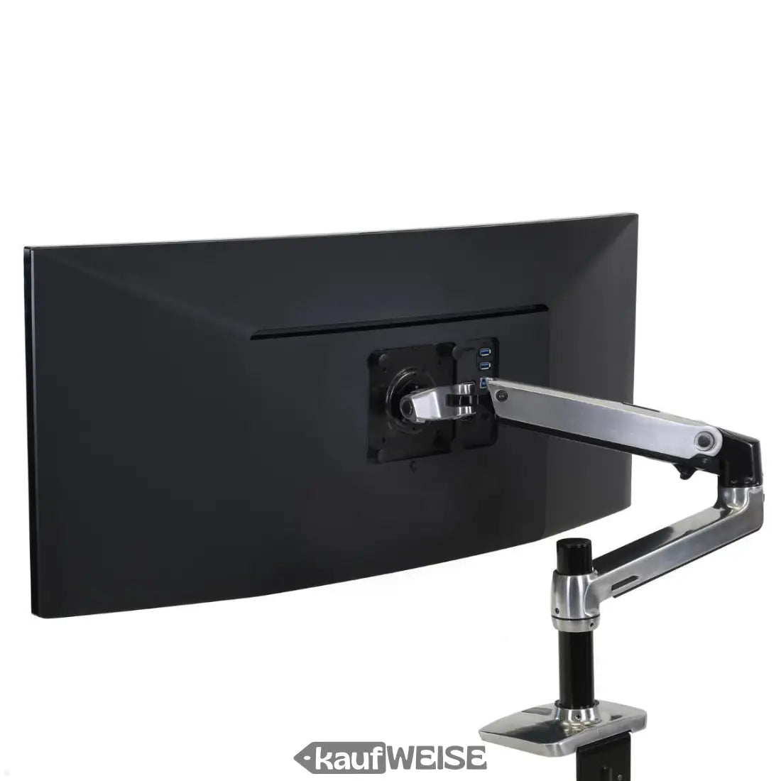Schwarzer gebogener monitor an silber-grauem ergotron lx schwenkarm bis 34 zoll montiert