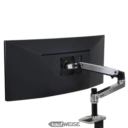 Schwarzer gebogener monitor an silber-grauem ergotron lx schwenkarm bis 34 zoll montiert
