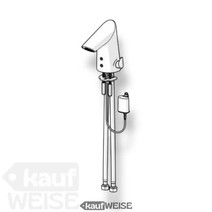 Weiß-silberne Bidet-Aufnahme mit gebogener Düse, Chrombeinen und Basis der HansaFit Sensor-Armatur