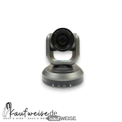 Graue PTZ Konferenzkamera mit schwarzem Objektiv und 10x Zoom von HuddleCamHD
