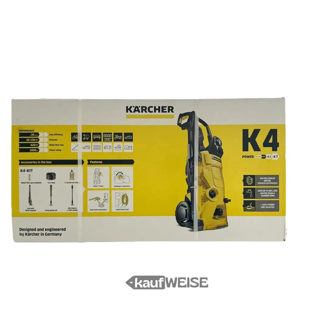 Gelb-schwarzer Kärcher K4 Hochdruckreiniger mit 1,8 GPM und 130 bar