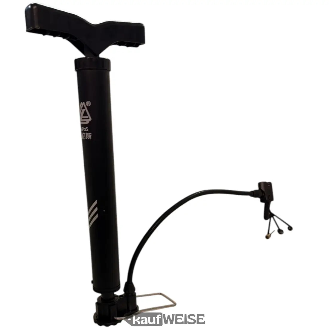 Schwarze LeiPoS Mini-Stand-Fahrradpumpe mit T-Griff, Schlauch und 3 Adaptern
