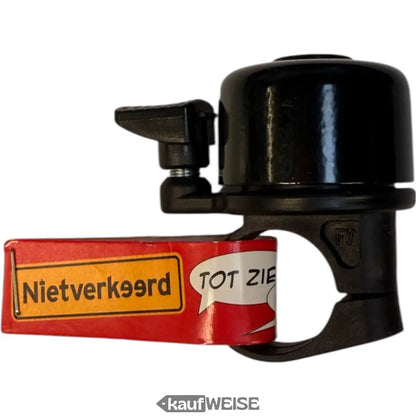 Schwarze Mini-Fahrradklingel mit rot-gelbem nietverkeerd-Sticker, laut und StVZO-konform
