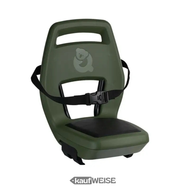 Olive grüner Kunststoff-Kindersitz mit schwarzem Sicherheitsgurt für Fahrrad hinten