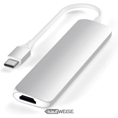 Silberner USB-C auf HDMI Adapter mit weißem Kabel für Satechi V2 Slim Hub