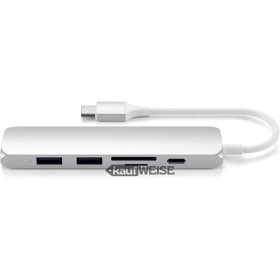 Silberner Satechi V2 Slim USB-C Multiport Adapter mit mehreren Anschlüssen und weißem Kabel